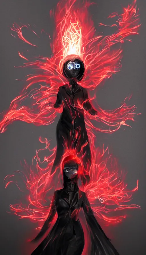 Image similar to Woman made of black flames, wearing a strict business suit, with no face, with glowing red eyes, with a red halo over her head, with red halo glowing out of her wrists, looking off to the side, growing out of a giant rose, rose petals flying in the wind, war, authoritarian, tense, digital painting, artstation, indieground, madness combat, strong dramatic cinematic lighting , blood red sky, grey skin, smooth, sharp focus, extremely detailed, illustration, concept art, sharp focus, by Annie Swynnerton and Nicholas Roerich, Godmachine, alphonse mucha''