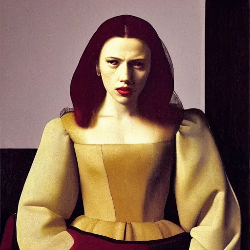 Image similar to A portrait of Scarlett Johansson painted by Johannes Vermeer