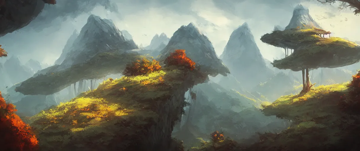 Image similar to floating islands over forest, mountains in background, concept art, low angle, cinematic, style of jordan grimmer