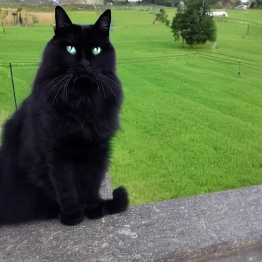 Prompt: Master Zorro, a long haired black cat, looking over his domain of peasants