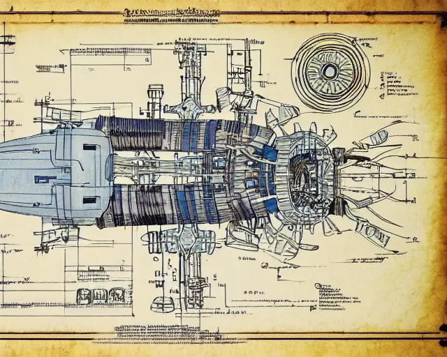 Image similar to a full page of a mechanical blueprint showing a simple cutaway design for a small mechanized wolf from howl's moving castle ( 2 0 0 4 ), with a pilot inside, muted colors, post grunge, studio ghibli, hq