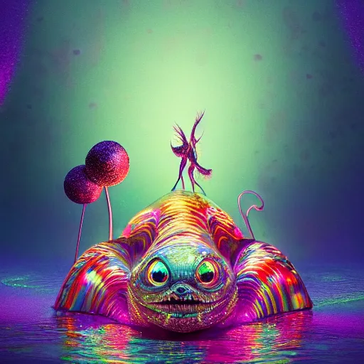 Image similar to macro lens, candy iridescent creature in candyland, water reflection, night, backlit, warm tones, bioluminescent : by michal karcz, daniel merriam, victo ngai and guillermo del toro : ornate, dynamic, particulate, intricate, elegant, highly detailed, centered, artstation, smooth, sharp focus, octane render