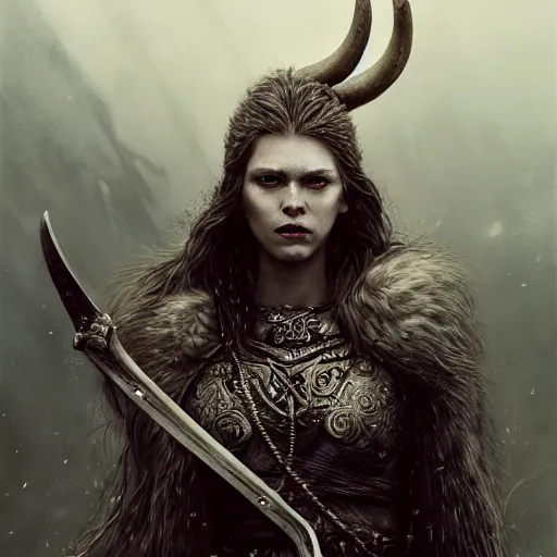 Prompt: Official photo of an attractive majestic fierce viking woman, leader, mind-blowing details, ethereal, fear, scarred, highly detailed, viking attire, cinematic, 16k, 1080s, smooth, sharp focus, by Stanley Artgermm, Tom Bagshaw, Greg Rutkowski, Vincent di Fate, Carne Griffiths, Ayami Kojima, WLOP, trending on DeviantArt, hyper detailed, full of color, digital art,