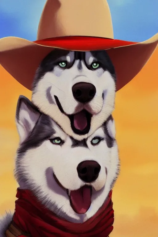 Prompt: a portrait painting of a husky in cowboy costume, wearing a cowboy hat, by studio ghibli, [ western film ], [ red dead ], trending on artstation