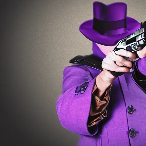 Prompt: mysterious figure in a purple coat holding a revolver at the camera, ultra detailed, 8k, steampunk