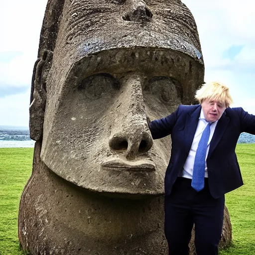 Image similar to Boris Johnson stealing a moai from Easter island