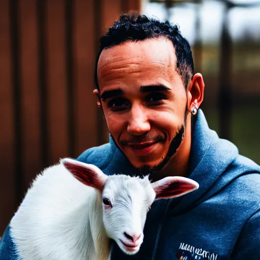 Prompt: lewis hamilton holding a baby goat, ( sony a 7 r iv, symmetric balance, polarizing filter, photolab, lightroom, 4 k, dolby vision, photography awardm, voque, perfect face )