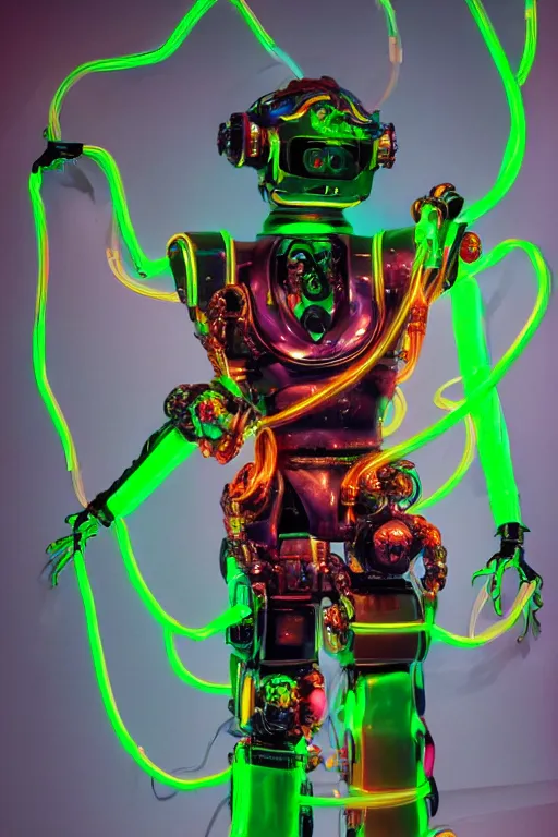 Image similar to full-body rococo and cyberpunk style green neon and ceramic statue of a muscular attractive Spanish robot god humanoid wearing a see-through silk cloak sim roupa, posing like a falling model, suspended from the ceiling with thick neon cables, glowing mint face, crown of red steampunk lasers, emeralds, swirling silver silk fabric. futuristic elements. oozing glowing liquid, full-length view. space robots. human skulls. throne made of bones, intricate artwork by caravaggio. Trending on artstation, octane render, cinematic lighting from the right, hyper realism, octane render, 8k, depth of field, 3D