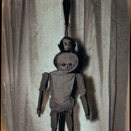 Prompt: 1 9 5 0 s, creepy marionette puppet towards viewer, horror, lost photograph, forgotten, final photo found before disaster, polaroid,