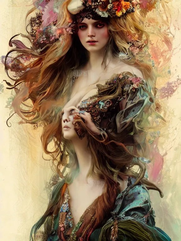 Prompt: Full view Bohemian Maiden goddess of the woods in beautiful dress, 4k digital illustration by Ruan Jia and Alberto Seveso, art nouveau iconography background, stunning portrait, amazing magnificent mystical illustration, award winning art, gold details, rim light, tarot card, intricate details, realistic, full view, Artstation, CGsociety