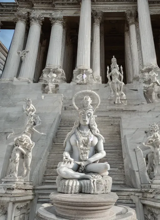 Prompt: wide - angle shot of marble statue of shiva, depth of field, zeiss lens, detailed, symmetrical, centered, fashion photoshoot, by nicoletta ceccoli, mark ryden, lostfish, earl nore, hyung tae, frank frazetta, breathtaking, 8 k resolution, extremely detailed, beautiful, establishing shot, artistic, hyperrealistic, octane render