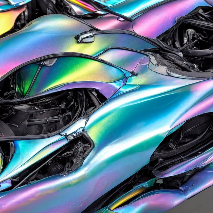 Image similar to close - up of an iridescent rainbow pagani huayra after crashing into a swimming pool, 4 k, highly detailed, award winning, look at all that detail!