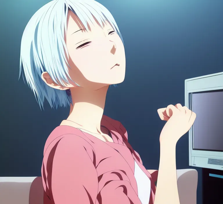 Image similar to anime visual, a young japanese woman with white hair watching tv in the living room, cute face by ilya kuvshinov, yoshinari yoh, makoto shinkai, katsura masakazu, dynamic perspective pose, detailed facial features, kyoani, rounded eyes, crisp and sharp, cel shad, anime poster, ambient light