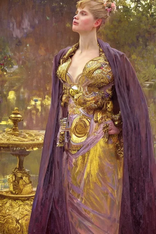 Prompt: hyperrealist portrait of a girl emperorit is decorated with long robes that fall like golden stars, an ostentatious palace and garden are seen in the background. by jeremy mann and alphonse mucha, fantasy art, photo realistic, dynamic lighting, artstation, poster, volumetric lighting, very detailed faces, 4 k, award winning