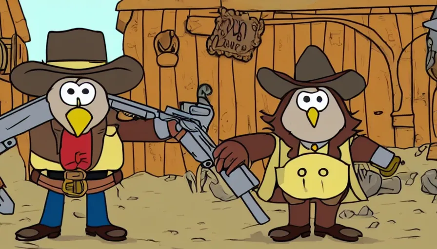 Image similar to 2000s cartoon show screenshot about a gunslinging owl from the wild west, wearing a cowboy hat an eye mask, standing in an old west town the animated show, in the style of cowboys of moo mesa