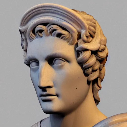 Image similar to a greek god marble statue with a neon ring around the head, 3 d render