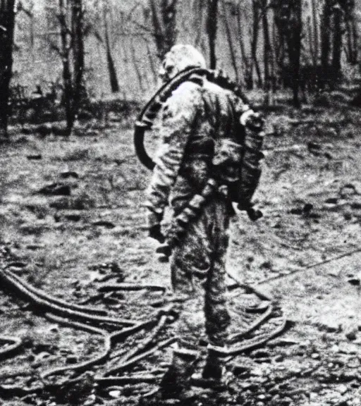 Image similar to man in chemical suit and gasmask at distance in chernobyl, ww1 film photo, grainy, high detail, high resolution