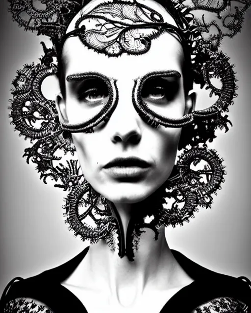 Prompt: surreal black and white photo portrait of complex bio-mechanical beautiful young female vegetal-cyborg with a Mandelbrot fractal steampunk metal fine lace face, a very long neck and a fine metal floral foliage super big lace collar by Alexander McQueen:: high fashion, haute couture, rococo, steampunk, silver filigree details, anatomical, facial muscles, cable wires, microchip, elegant, dreamy, foggy, hyper realistic, 150 mm lens, soft rim light, octane render, unreal engine, picture was taken in 1910 by Dora Maar, volumetric lighting, dramatic light,8k,