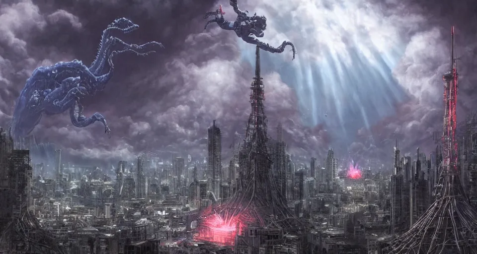 Image similar to realistic landscape beautiful detailed matte painting of cinematic movie scene, evangelion versus kaiju in tokyo. action sequence, created by gustave dore and michaelangelo, high detailed, smooth draw, synthwave neon retrofuturism, intricate, realistic proportions, dramatic lighting, trending on artstation.