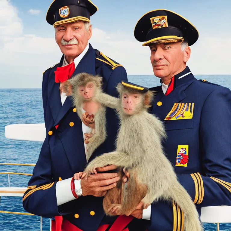 Prompt: high fashion photoshoot octane render portrait by wayne barlow and carlo crivelli and glenn fabry, a distinguished sea captain wearing a colorful uniform and holding a small monkey while standing on a beautiful high - end white and wood yacht, very short depth of field, bokeh