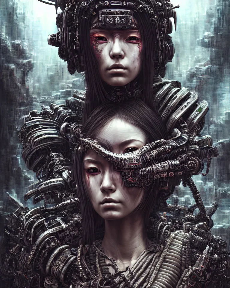 Image similar to ultra realist intricate detailed portrait of a dark samurai cyberpunk girl in an alien landscape, insanity, accurate features, apocalyptic, very intricate details, 8 k resolution, dim lighting, volumetric lighting, artstyle, dennis wojtkiewicz and evelyn de morgan, award winning