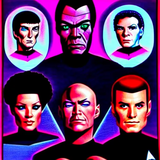 Image similar to Star Trek the next generation crew portrait, cyberpunk, synthwave, highly detailed