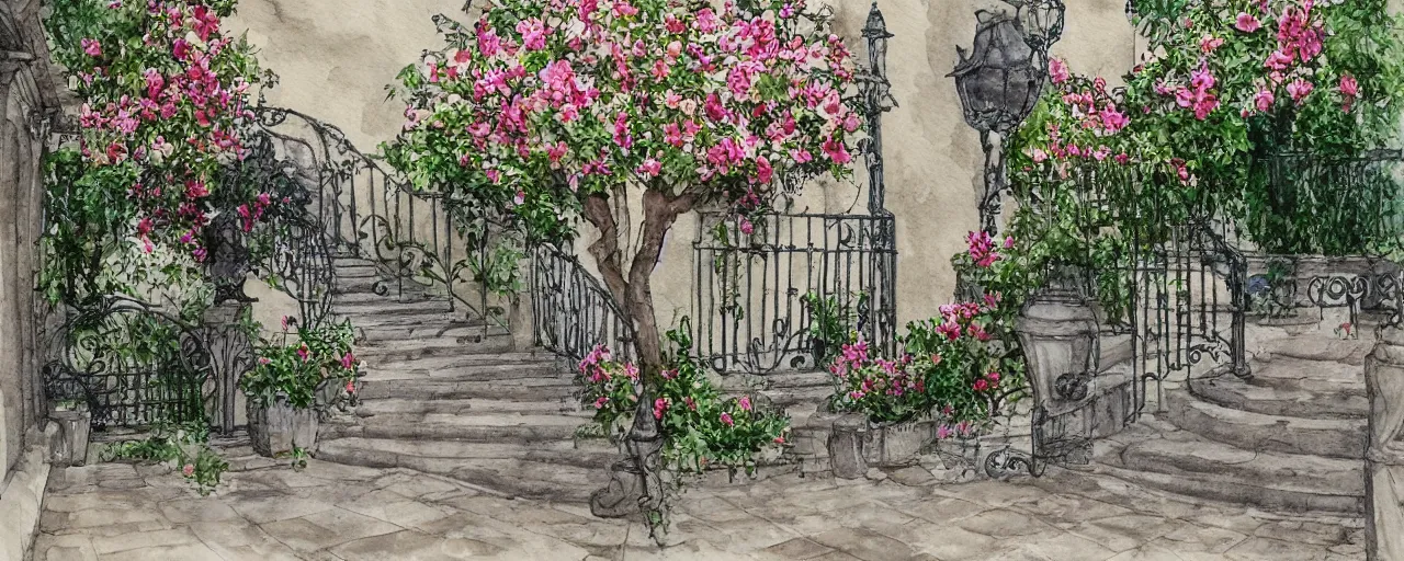 Prompt: flower, courtyard walkway, fountain, castle, stairway, chairs, wrought iron, gate, tree, delicate, botanic garden, road, botanical herbarium paper, watercolor colored painting, iridescent colors, 8 k, realistic shaded, fine details, artstation, italian style, colonnade