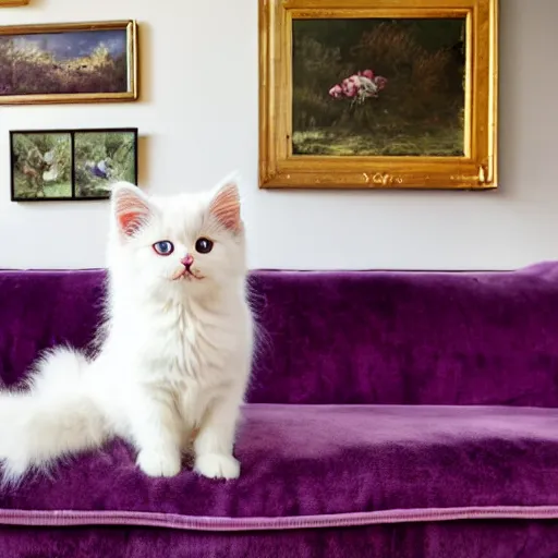 Image similar to a white Siberian kitten is sitting on a purple couch with antique vintage paintings on the walls