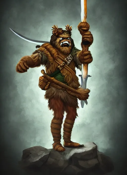 Image similar to bugbear ranger holding a fire sword, exquisite details, black beard, white background, by studio muti