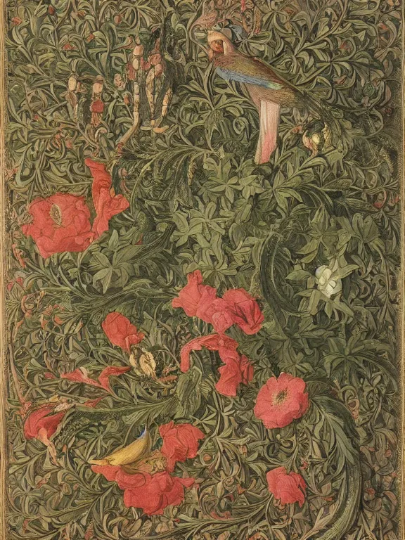 Image similar to a beautiful render of an elaborate arabesque motif, adorned with exotic birds, berries, flowers, swirling vines, datura blossoms, by Raphael, William Morris, and Antoine Watteau, hyperreal