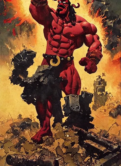 Image similar to full body and head portrait of enormous muscular hellboy wearing tattered trench coat, explosion and debris in the background, dynamic action, painted by norman rockwell and phil hale and greg staples and tom lovell and frank schoonover and jack kirby, movie