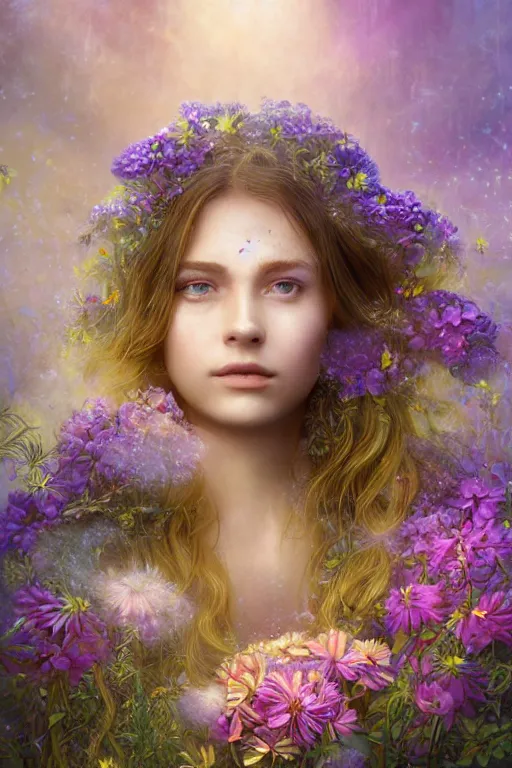 Image similar to elaborately detailed close up portrait of an extremely beautiful girl surrounded by flowers, an eerie mist and ethereal rainbow bubbles, Aetherpunk, high fantasy matte painting, fantasy matte painting movie poster, Art Nouveau, smooth, sharp focus, atmospheric lighting, highly detailed illustration highlights, backlight, golden ratio, 8K detail post-processing, symmetrical facial features, rich deep moody colors, majestic, dark epic fantasy, award winning picture, sense of awe, featured on DeviantArt, trending on cgsociety