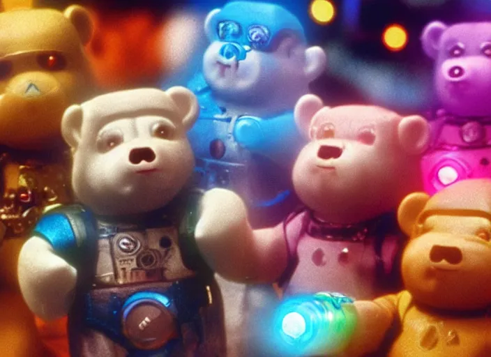 Image similar to film still of cyberpunk care bears in the fifth element movie, 4 k