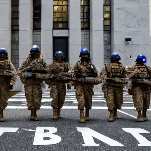 Image similar to 4 k hdr sony a 7 photo of soldiers with bitcoin logos on their helmets at a protest of thousands of people surrounding federal reserve building with us dollars burning in a pile and flying everywhere