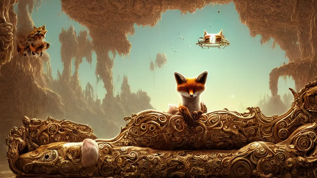 Prompt: a hyperrealistic photographical cream cyborg fox sitting on an ornate alien couch, symmetrical, intricate, detailed, volumetric lighting, sharp focus, photorealism, digital painting, highly detailed, concept art, by roger dean and beth cavener and simon stalenhag and mark brooks