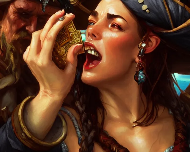 Image similar to close up of an old pirate drinking rum, deep focus, d & d, fantasy, intricate, elegant, highly detailed, digital painting, artstation, concept art, matte, sharp focus, illustration, hearthstone, art by artgerm and greg rutkowski and alphonse mucha