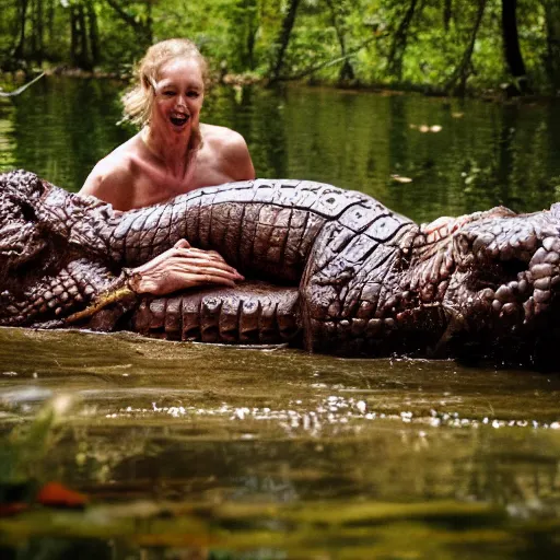 Image similar to human crocodile werecreature, photograph captured at woodland creek