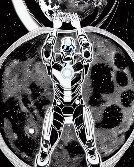 Image similar to black and white sad iron man with shawarma on hands, stay on the destroed moon, wires earth background, by tsutomu nihei