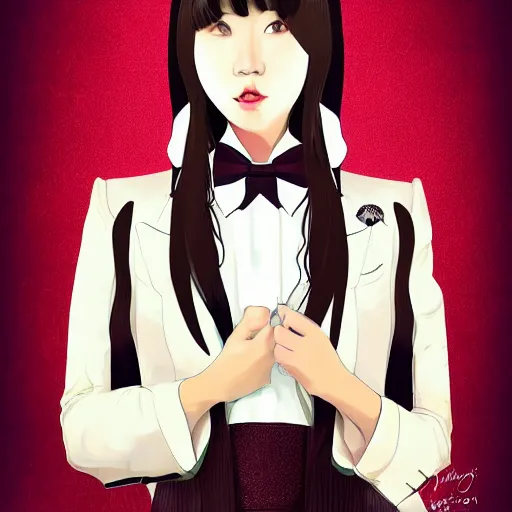 Image similar to portrait of a beautiful korean girl wearing a men's tuxedo, with long hair and bangs, angular features, angry expression, digital art, elegant pose, detailed illustration