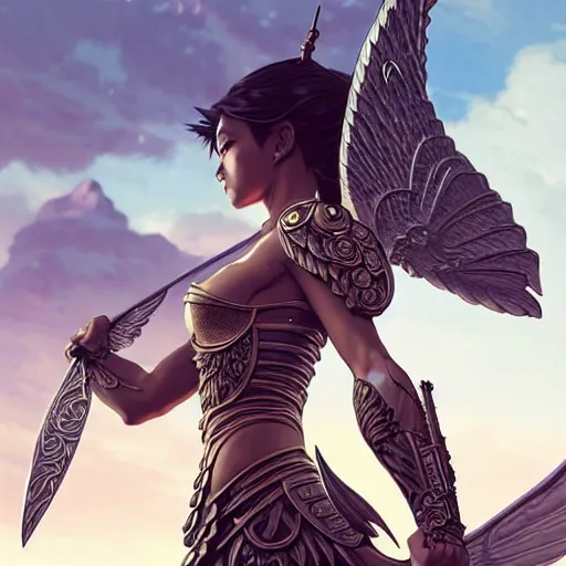 Image similar to 3 / 4 view of a warrior woman with wings, pixie character, video game genshin impact,, intricate, elegant, sharp focus, illustration, highly detailed, concept art, matte, art by wlop and artgerm and greg rutkowski, anime, ilya kuvshinov, katsuhiro otomo, kidmo! - h 6 4 0