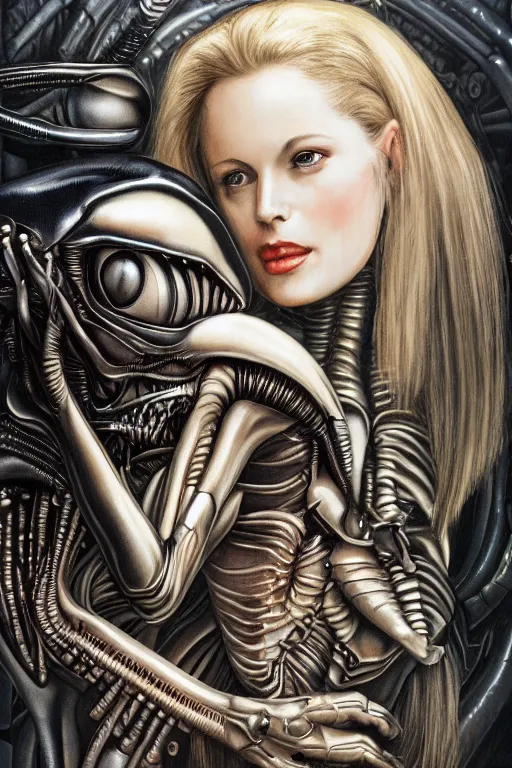 Image similar to beautiful young gillian andersom with alien xenomorph queen by h.r. giger, detailed, proportional, trending on art station, 4k