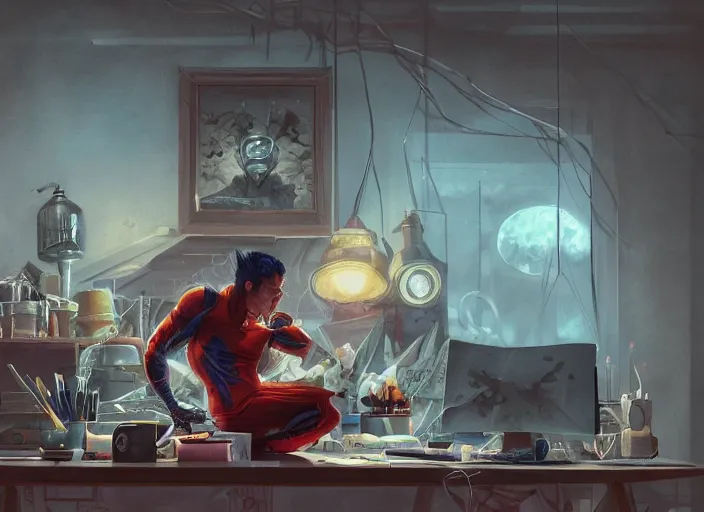 Image similar to an insanely detailed painting of an asian man wearing a homemade superhero costume, sitting at a desk, staring seriously at the computer and typing, in the style of peter mohrbacher, james jean, artgerm, dramatic lighting and composition, surreal background, octane render, pixar, trending on artstation, concept art, comic book, view from behind, 8 k