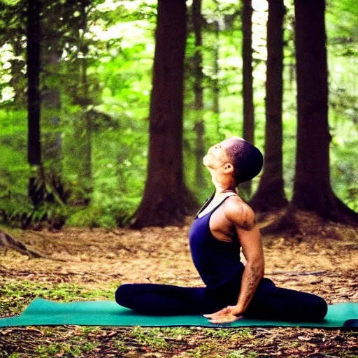 Image similar to lebron james doing yoga in the forest, videogame still, portrait, 4 0 mm lens, shallow depth of field, close up, split lighting, cinematic