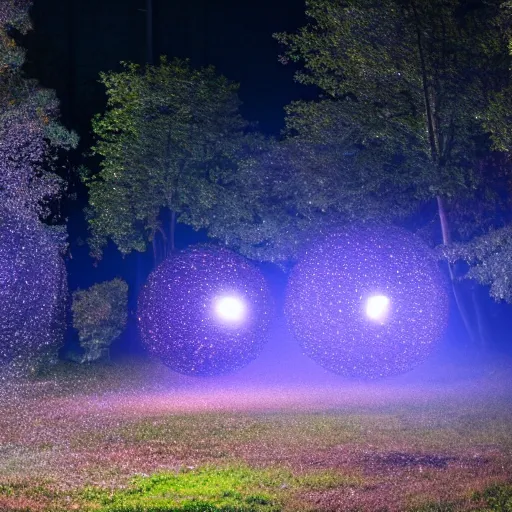 Image similar to forrest illuminated by glowing spheres, mist on ground, dramatic, night, 5 5 mm