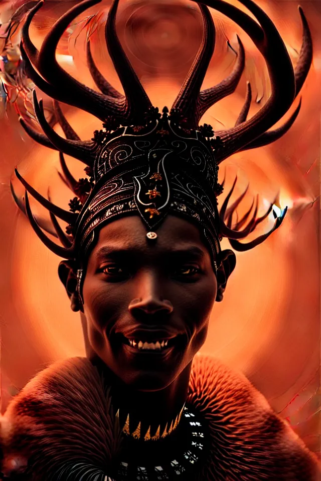 Image similar to a striking portrait of an eldritch black god king with black antlers and a burning horned crown on his head by moebius and ross tran and beksinski, trending on artstation, digital art, 4 k resolution, detailed, high quality, sharp focus, hq artwork, insane detail, volumetric lighting, character concept art, fine details, clear face