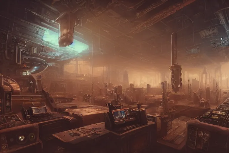 Image similar to interior of a steampunk videoclub, 3d scene, render, ultra realistic, zenith view, Greg Rutkowski, artstation, cgsociety, level design, unreal engine alien whale flying over a steampunk city, 3d scene, render, ultra realistic, zenith view, Enki Bilal style