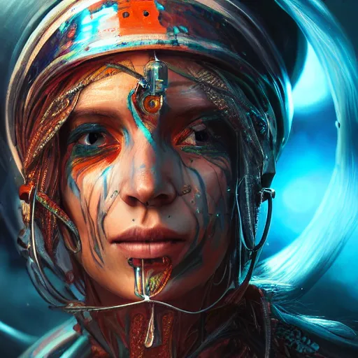 Image similar to detailed portrait of a futuristic sci - fi shaman in an impressive scene. extremely detailed. beautiful lighting. concept art. trending on artstation.