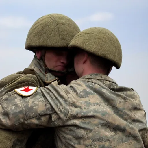 Prompt: a picture of two soldiers. a soldier from ukraine and russia are hugging peacefully