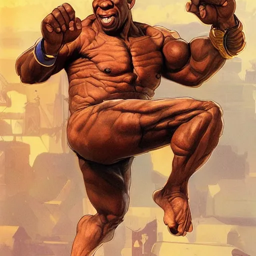 Image similar to tiny lister as dhalsim street fighter, jump kick, 4 k, ultra realistic, detailed focused art by artgerm and greg rutkowski and alphonse mucha