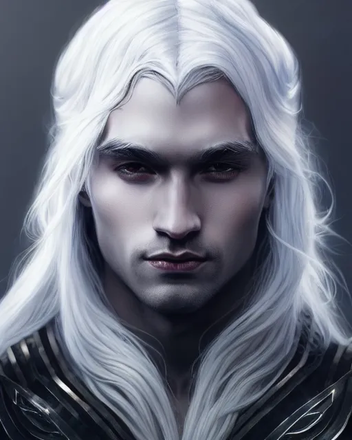 Prompt: portrait, beautiful male drow, long wavy white hair, super detailed, light black armor with silver accenting, silver wreath with sapphires, cape, 8 k, filmic, octane render, sunlight, clouds, artstation, greg rutkowski, rossdraws, william bouguereau, sharp focus